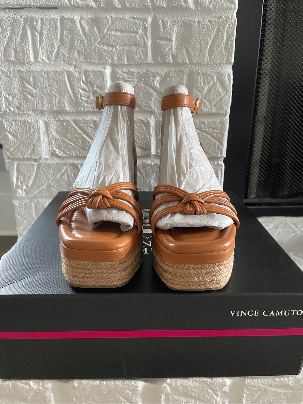 Vince Camuto Cognac Leather Knot-Front Platform Espadrilles